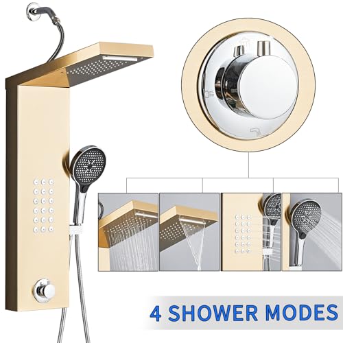 Shower Panel Tower System,Rain Shower Head Rainfall | Waterfall Shower,Handheld High Pressure Rain Massage System(Gold) - color: Gold, style: Normal