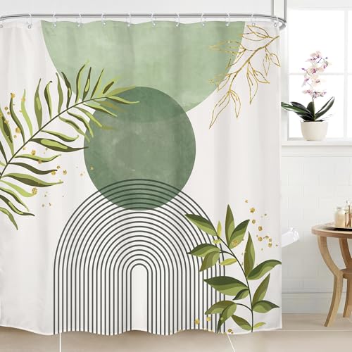 Sage Green Boho Abstract Bohemian Leaves Olive Bathroom Shower Curtain Set | Dark Botanical look; 72"W x 72"L. waterproof HD print, quick-dry fabric and free hooks for easy setup. - color: A-02sage Green, size: 72"W x 72"L (Pack of 1)