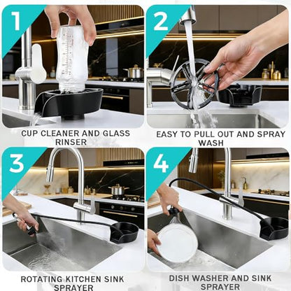 Glass Rinser for Kitchen Sink, Cup Cleaner Sink Attachment, Cup Rinser for Sink High Pressure Cup Washer with Pull-out Spray, Bar Cafe Restaurant Bottle Rinser, 360 Degree Rotating Quick Clean (Black)