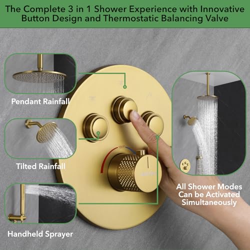 VANFOXLE Thermostatic Shower Faucet Set Brushed Gold Shower System | Push Button Diverter, 12 Inch Ceiling Mount Rain Head Increased Thick, 6 Inch Side Head, 2-in-1 Handheld Sprayer, Modern - color: Brushed Gold, style: 12 Inch
