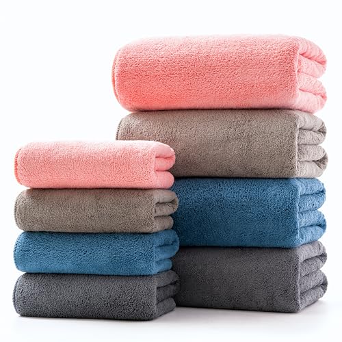Lumimi 8-Piece Soft Microfiber Towel Set Incredibly Absorbent Lightweight Quick Dry and Durable, 55" L x 27" W, 4 Bath Towels 4 Hand Towels Multicolour - color: 4-colours C, size: 4 Bath + 4 Hand