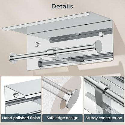 FORIOUS Toilet Paper Holder with Shelf, Commercial Toilet Paper Dispensers | Chrome | Wall Mount Bathroom Tissue Holder | SUS304 Stainless Steel Rustproof | Double Tissue Roll Holder - color: Chrome