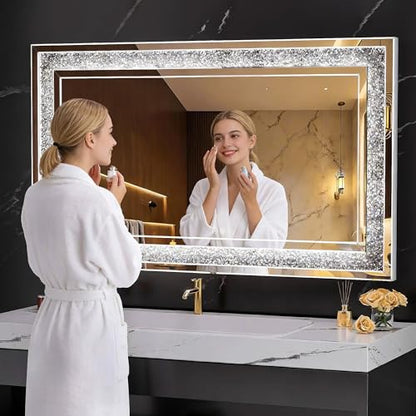 WINNICE 40"x26" LED Diamond Wall Mirror, Dim & Anti-Fog | Crystal glass, dimmable & anti-fog, mounts vertical/horizontal, ideal for bathroom, bedroom, living room. - size: 26"L x 40"W