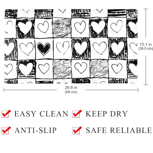 Doodle Checkerboard Texture with Hearts Bath Tub and Shower Mats, Non Slip Bathmat with Drain Holes and Suction Cups for Bathroom Floor, 15.1 x 26.8 Inch - color: Multi 09