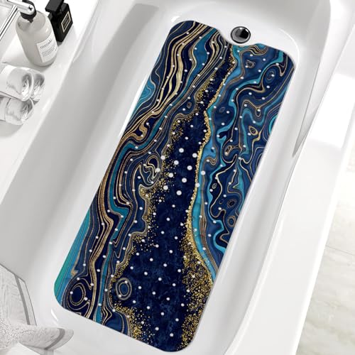 Marble Bath Tub Mat Non Slip, Blue Geometric Marble Non Slip Bath Mat for Shower, Large Washable Shower mats for Showers with Drain Holes and Suction Cups,40 X 16 Inch - color: Blue Geometric Marble