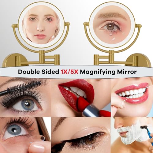 Wall Mounted Lighted Makeup Mirror with Magnification 5X, Rechargeable Bathroom Magnifying Shaving Cosmetic Mirror with Extension Swing Arm, Touch Stepless Dimming, Brushed Moderne Brass - color: Brushed Moderne Brass