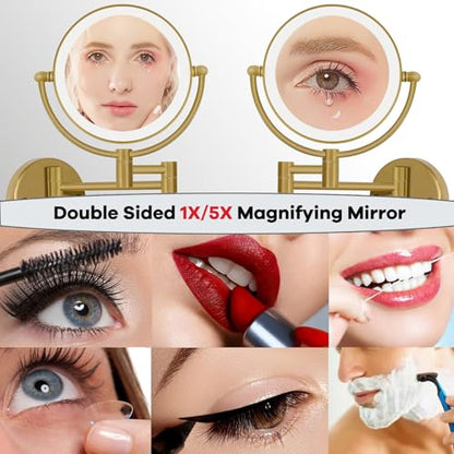 Wall Mounted Lighted Makeup Mirror with Magnification 5X, Rechargeable Bathroom Magnifying Shaving Cosmetic Mirror with Extension Swing Arm, Touch Stepless Dimming, Brushed Moderne Brass - color: Brushed Moderne Brass