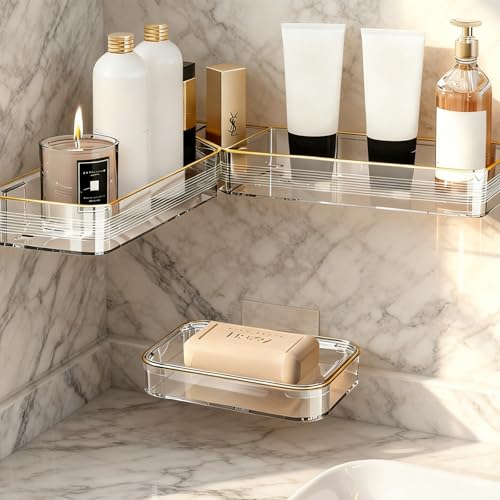 Corner Acrylic Shower Caddy, 2 Pack Shower Shelf Adhesive with 1 Pack Soap Dish, No Drilling Bathroom Organizer, Wall Shelves for Bathroom - style: Corner Acrylic Shower Caddy