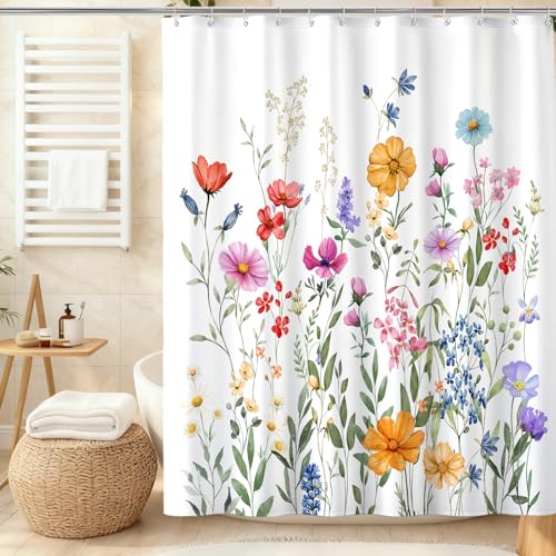 Watercolor Botanical Flower Shower Curtain, Garden Wildflower Floral Bathroom Decor, Cottagecore Bath Aesthetic, Waterproof Fabric Curtain 72X72 inches - color: Multicolor-1