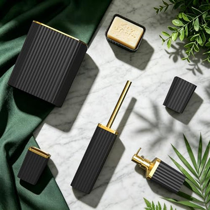 Bathroom Accessory Set, 6-Pcs Golden Black | Trash Can, Soap Dispenser, Toothbrush Holder & Cup, Soap Dish, Toilet Brush - color: Golden Black