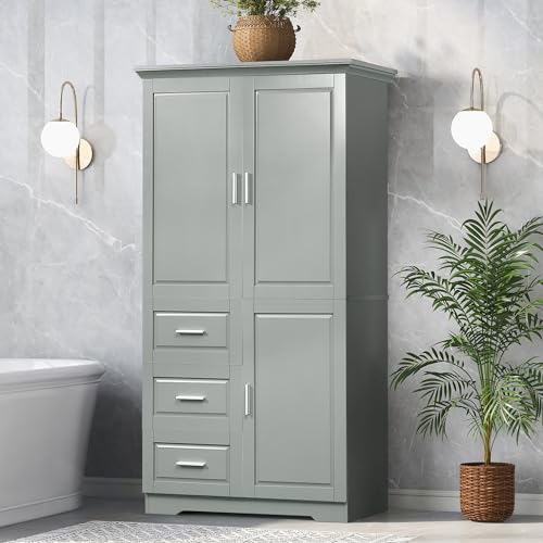 JIVOIT 62" Tall Storage Cabinet with Three Drawers and Cabinet, Floor Cabinet with Doors and Adjustable Shelf, Wood Bathroom Cabinet for Bathroom - color: Grey, Wide Storage Cabinet