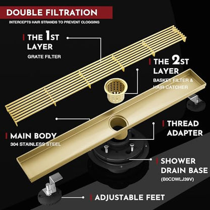 Linear Shower Drain, 24 inch Brushed Gold | Including Hair Catcher and Removable Grate, 304 Stainless Steel, Easy to Install and Clean (Drain Base Not Included) - color: Brushed Gold, size: 24 inch