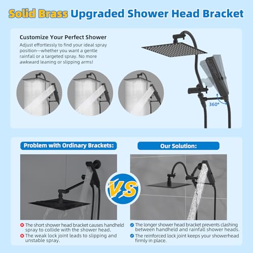 Hibbent All Metal cUPC Certified Shower Head, 12'' High Pressure Rainfall Showerhead Combo, Handheld Shower Wand, 12'' Adjustable Extension Arm, 4-Spray, 71'' Hose, Brass Shower Holder, Matte Black - color: Matte Black, style: Square 12''