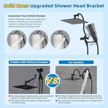 Hibbent All Metal cUPC Certified Shower Head, 12'' High Pressure Rainfall Showerhead Combo, Handheld Shower Wand, 12'' Adjustable Extension Arm, 4-Spray, 71'' Hose, Brass Shower Holder, Matte Black - color: Matte Black, style: Square 12''