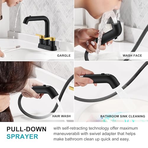 Black and Gold Pull Down Centerset Bathroom Faucet 3 Hole 2 Handle | Pull Out Bathroom Faucet with Pop Up Drain & Supply Lines, Lead-Free cUPC & NSF Certified, 4 Inch Faucet for Vanity RV Sink - color: Black & Gold
