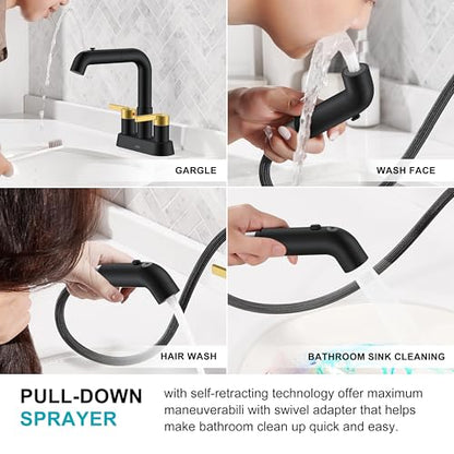 Black and Gold Pull Down Centerset Bathroom Faucet 3 Hole 2 Handle | Pull Out Bathroom Faucet with Pop Up Drain & Supply Lines, Lead-Free cUPC & NSF Certified, 4 Inch Faucet for Vanity RV Sink - color: Black & Gold