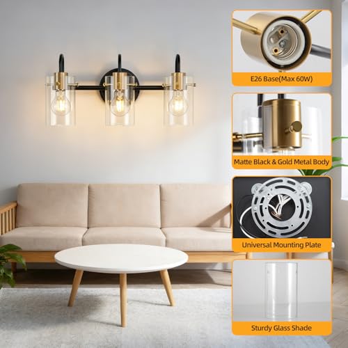 3 Light Bathroom Vanity Light, Black and Gold Bathroom Wall Light Fixtures with Clear Glass Shade, Modern Wall Sconces Wall Lamp Over Mirror Kitchen Living Room Bedroom Hallway Cabinet - color: Black Gold