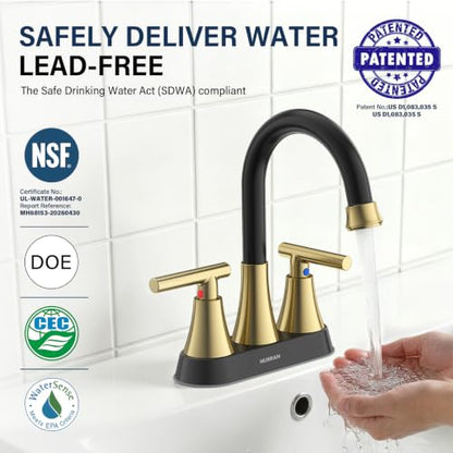 Bathroom Faucet, Hurran 4 inch Centerset 2-Handle Lead-Free, Black&Gold | Bathroom Sink Faucet with Pop-up Drain and Supply Lines, Stainless Steel Faucet for Vanity RV Restroom Laundry Outdoor Sink - color: Black& Gold