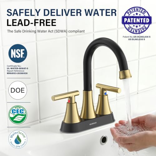 Bathroom Faucet, Hurran 4 inch Centerset 2-Handle Lead-Free, Black&Gold | Bathroom Sink Faucet with Pop-up Drain and Supply Lines, Stainless Steel Faucet for Vanity RV Restroom Laundry Outdoor Sink - color: Black& Gold