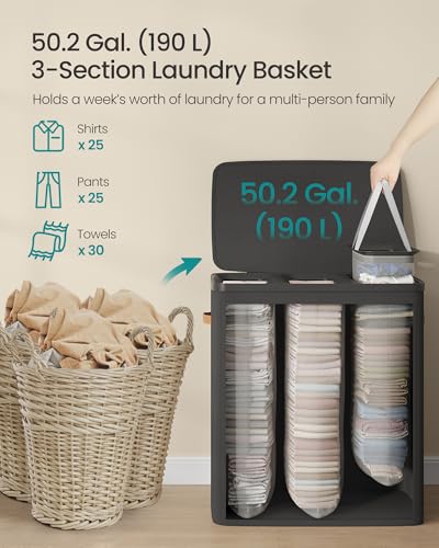 SONGMICS Laundry Basket, 50.2 Gal. Laundry Hamper, 3 Compartments, Easy Assembly, with Lid and Handles, Removable Liners, 25.2 x 15.7 x 29.5 Inches, Ink Black ULCB814BH01 - color: Ink Black, size: 190 L (3-Section)