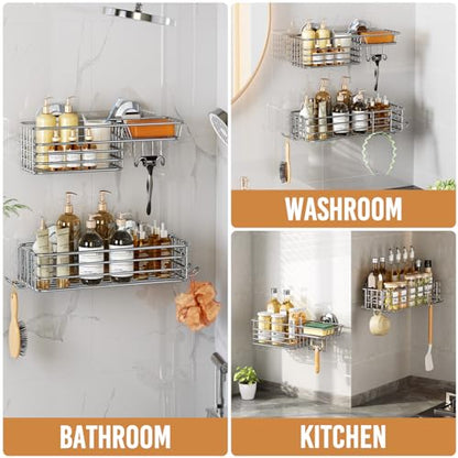 Shower Caddy Suction Cup, 2 Pack Heavy Duty Bathroom Organizer | Shower Caddy with Hooks & Soap holder, Removable Shower Storage, Rustproof Silver bathroom Holder - color: 2 X Silver Basket
