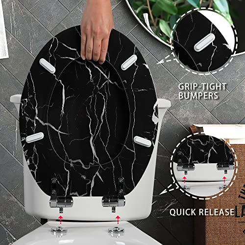 Angel Shield Marble Toilet Seat Durable Molded Wood with Quiet Close,Easy Clean，Quick-Release Hinges (Elongated,Black Marble) - color: Black Marble-Elongated, size: Elongated-18.5”