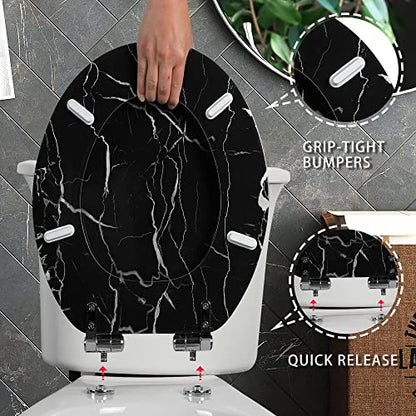 Angel Shield Marble Toilet Seat Durable Molded Wood with Quiet Close,Easy Clean，Quick-Release Hinges (Elongated,Black Marble) - color: Black Marble-Elongated, size: Elongated-18.5”