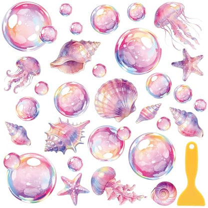 Whaline 30Pcs Bubble Non Slip Bathtub Stickers Adhesive Applique Decal Under the Sea Cartoon Bubble Shell Jellyfish Anti Slip Shower Tread with Scraper for Summer Bathroom Floor