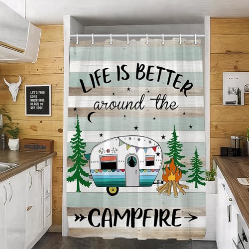 JAWO RV Shower Curtain, Happy Camper Shower Curtain for Travel Trailer, Farmhouse Camping Shower Curtain Hooks Included (47" W x 72" H), Rustic Teal - color: Brown, size: 47"W x 72"L (Pack of 1)