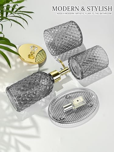 Haturi Glass Bathroom Accessories Set, Smoky Gray Bathroom Set, 4 Pcs | Kit w/ Bathroom Soap Dispenser Set, Toothbrush Holder, Qtip Holder, Vanity Tray, Gray Bathroom Decor, Gift for Home Apartment - style: Smoky Gray