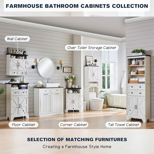 67" Farmhouse Over The Toilet Storage Bathroom Cabinet, Off White | Double Barn Doors, Adjustable Shelf, Open Cubby, Weathered Finish - color: Off White
