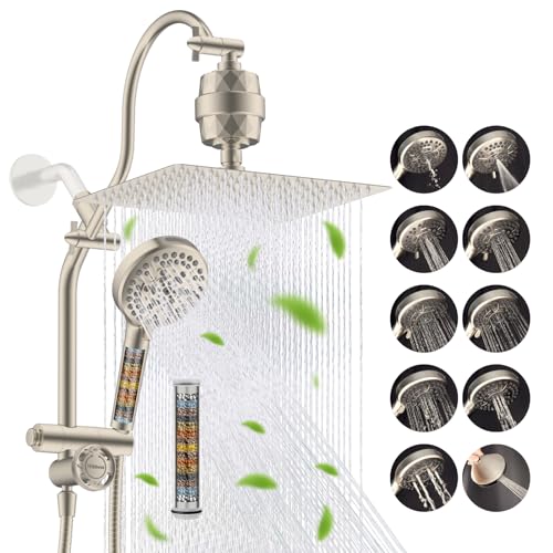 Hibbent 12" Dual Filtered 10" Rainfall Shower Head with Handheld 10-Spray | High Pressure Metal Brushed Nickel Showerhead Combo with Filter, Extension Arm with 4-way Diverter, 71'' Hose & Holder - color: Brushed Nickel, style: Square 12" with filter