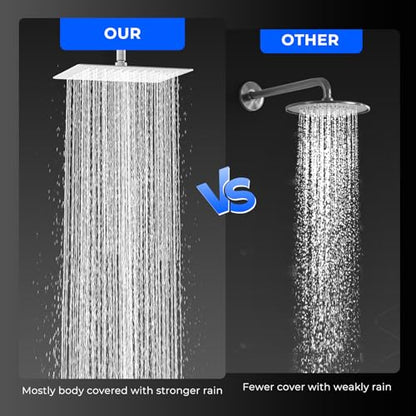 12 Inch Rain Shower Head, 12" Square Rainfall & High Pressure Stainless Steel Bath Shower Head, 1/16" Ultra Thin, Waterfall Full Body Coverage with Silicone Nozzle, Polished Chrome - color: Brushed Nickel, size: 12 Inch