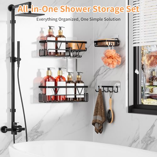 KEGII Adhesive Shower Caddy 4 Pack, No Drilling Shower Organizer with Towel Rack, Hooks & Soap Holder, Self-Adhesive Bathroom Shelves Rack for Space-Saving Storage | 4-Pack Design, Stainless Steel Shelves with Hooks and Soap Holder, Ideal for Bathroom, Ki