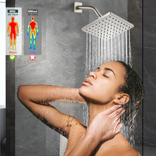 Heyalan 6 Inch Shower Set with Tub Spout and Valve,Brushed Nickel | 6-inch square rainfall head, tub spout with diverter, male-thread rough-in valve, single-handle control and wall-mount design - color: Brushed Nickel, size: 6 Inch Square Shower Head