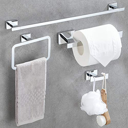 4 Piece Bathroom Hardware Accessories Set,Chrome Stainless Steel Towel Bar Sets Wall Mounted - Includes 16" Towel Bar, Square Towel Ring, Toilet Paper Holder, Robe Towel Hook - color: Chrome, size: 16 inches