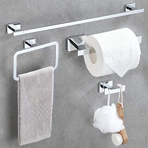 4 Piece Bathroom Hardware Accessories Set,Chrome Stainless Steel Towel Bar Sets Wall Mounted - Includes 18" Towel Bar, Square Towel Ring, Toilet Paper Holder, Robe Towel Hook - color: Chrome, size: 18 inches