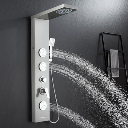 ROVOGO LED Shower Panel Tower System with Lights, 5 Shower Modes, 46.5 Inch | Rainfall Mist Shower Head, 3 Body Jets, Handheld, Waterfall Tub Spout, Stainless Steel Shower Column W/ Mixing Valve, Brushed - style: 46.5" Brushed