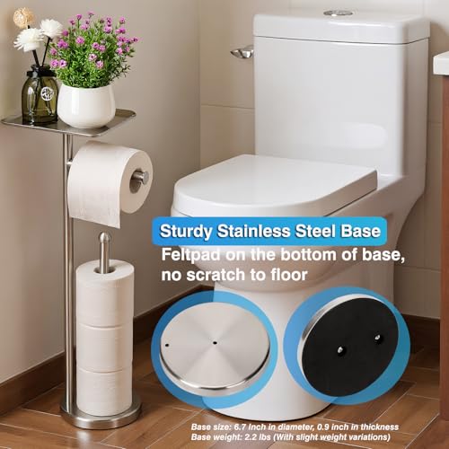 Toilet Paper Holder with Shelf, Freestanding Tissue Paper Stand with Storage Space for Extra 4 Toilet Paper Rolls (Stainless Steel Base, Brushed Nickel) - color: Brushed Nickel