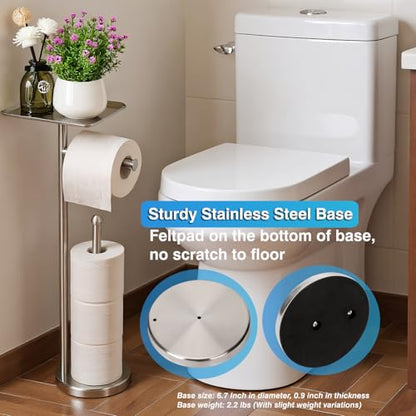 Toilet Paper Holder with Shelf, Freestanding Tissue Paper Stand with Storage Space for Extra 4 Toilet Paper Rolls (Stainless Steel Base, Brushed Nickel) - color: Brushed Nickel