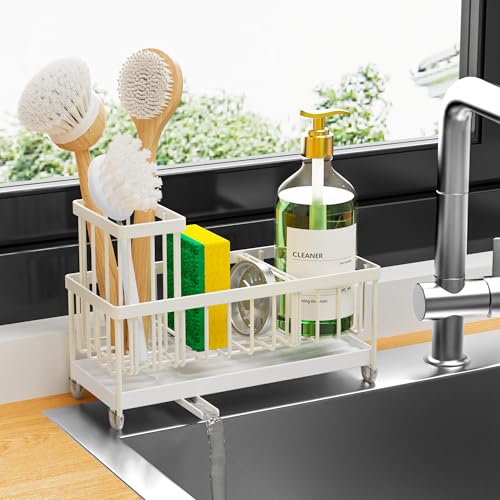 Cisily Sponge Holder for Kitchen Sink, Sink Caddy Organizer with High Brush Holder, Kitchen Countertop Organizers and Storage Essentials, Rustproof 304 Stainless Steel (Cream, 9.25″) - color: Cream - 9.25″