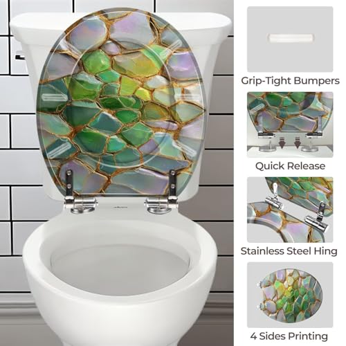 Round Resin Toilet Seat, Quietly Close Quick Release Hinges Cover | Toilet Lid Cover Easy to Clean and Install, Elegant Geometric Mosaic Shimmering Iridescent Leaves Heavy Duty Toilet Seat - color: pattern5, size: O-shape