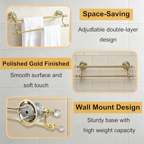 Gold Crystal Double Towel Bar, Adjustable Towel Racks for Bathroom | Polished Gold Towel Bar for Bathroom Wall Mounted Fits 18-30 Inch Wall Space, Stainless Steel Towel Rod Holder - color: Gold Towel Bar