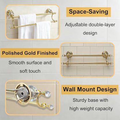 Gold Crystal Double Towel Bar, Adjustable Towel Racks for Bathroom | Polished Gold Towel Bar for Bathroom Wall Mounted Fits 18-30 Inch Wall Space, Stainless Steel Towel Rod Holder - color: Gold Towel Bar