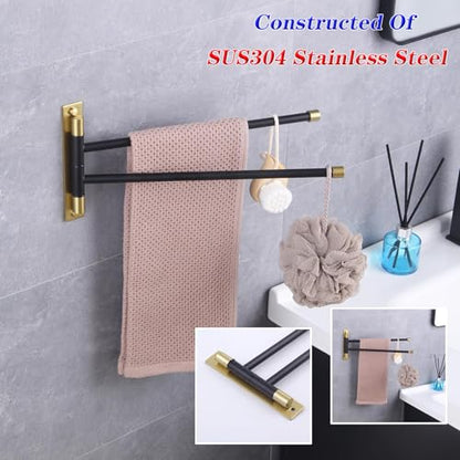 GERZWY Bathroom Swing Arm Towel Bars 2-Arm Wall Mount Stainless Steel Bath Towel Rack Hanger Towel Holder Organizer (Black & Gold) HYG02-BD - color: Black & Gold