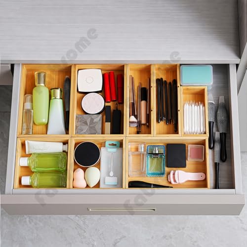 Fabsome Drawer Organizer, Set of 9 Bamboo Wood Kitchen Makeup Desk Junk Tea Drawer Storage Boxes Bins for Cutlery Silverware Utensils Flatware, Small Wooden Container Tray for Bathroom, Office - size: 2''H 9 Boxes