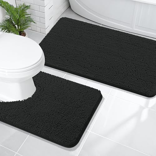 OLANLY Bathroom Rugs Sets 2 Piece, Soft Absorbent Chenille Bath Mats and U-Shaped Contour Toilet Mat Area Rug Set, Machine Washable Bath Carpet, Home Decor Accessories(47"x20"+24"x20", Black) - color: Black, size: 47" X 20" + U24" X 20"