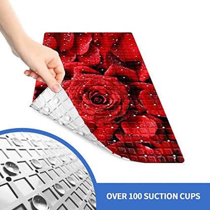 Bath Tub Mat Non Slip Shower Mat Romantic Red Rose Flower Lover Extra Long Bathtub Mat 26.8x15 inches Bathroom Bath Mat with Suction Cups Drain Holes Machine Washable - color: Romantic Red Rose Flower Lover