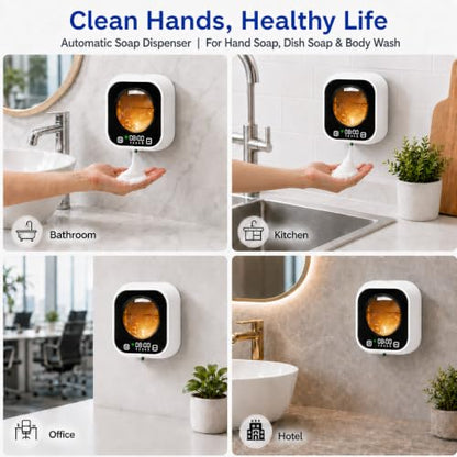 Automatic Soap Dispenser Touchless, Wall Mount, Rechargeable, Mood Lighting | 5 Adjustable Foam Levels, IPX5 Waterproof, LED Clock, 320ML, Hand & Dish Soap for Bathroom Kitchen, White - color: Foam White