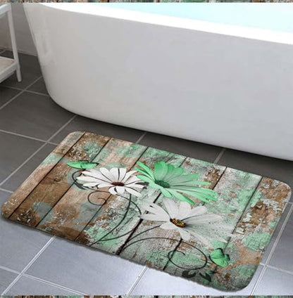 JAWO 4 Piece Green Daisy Flower on Rustic Wooden Plank Country Style Shower Curtain Sets with Non-Slip Rugs, Toilet Lid Cover and Bath Mat, Shower Curtain with 12 Hooks - color: Green-a, size: 5'10" x 5'10" (Rectangular)